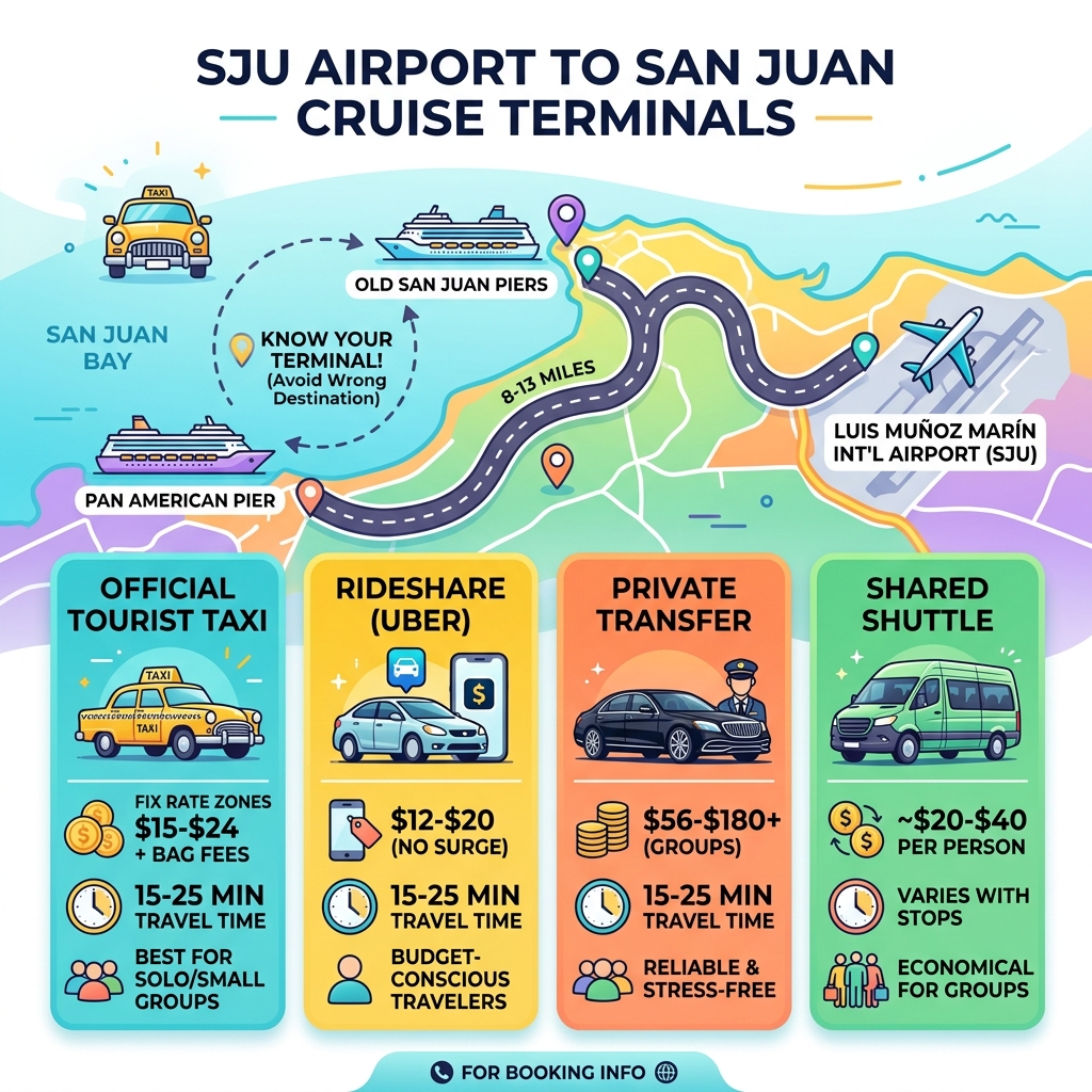 Infographic showing transfer options, costs, and travel times from SJU Airport to San Juan cruise terminals - transportation Infographic showing transfer options, costs, and travel times from SJU Airport to San Juan cruise terminals - transportation