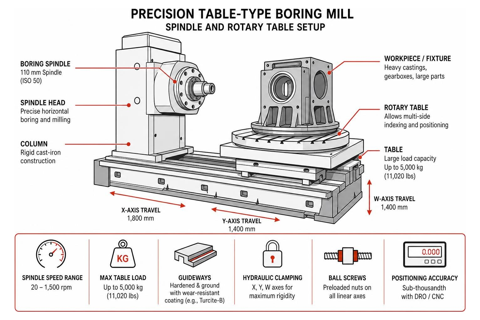 Precision table-type boring mill spindle and rotary table setup