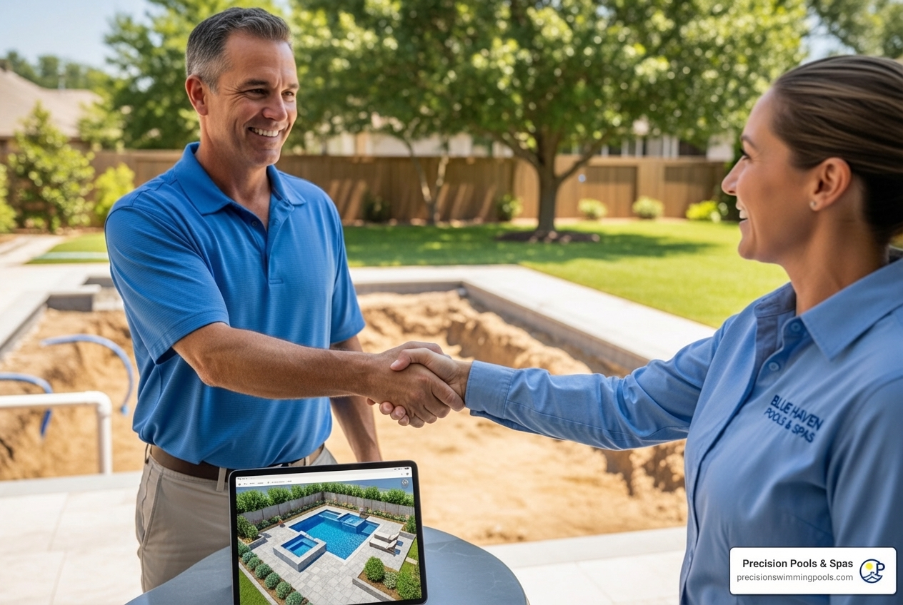 homeowner happily shaking hands with a pool builder next to a 3D design on a tablet - Inground pool builders Houston