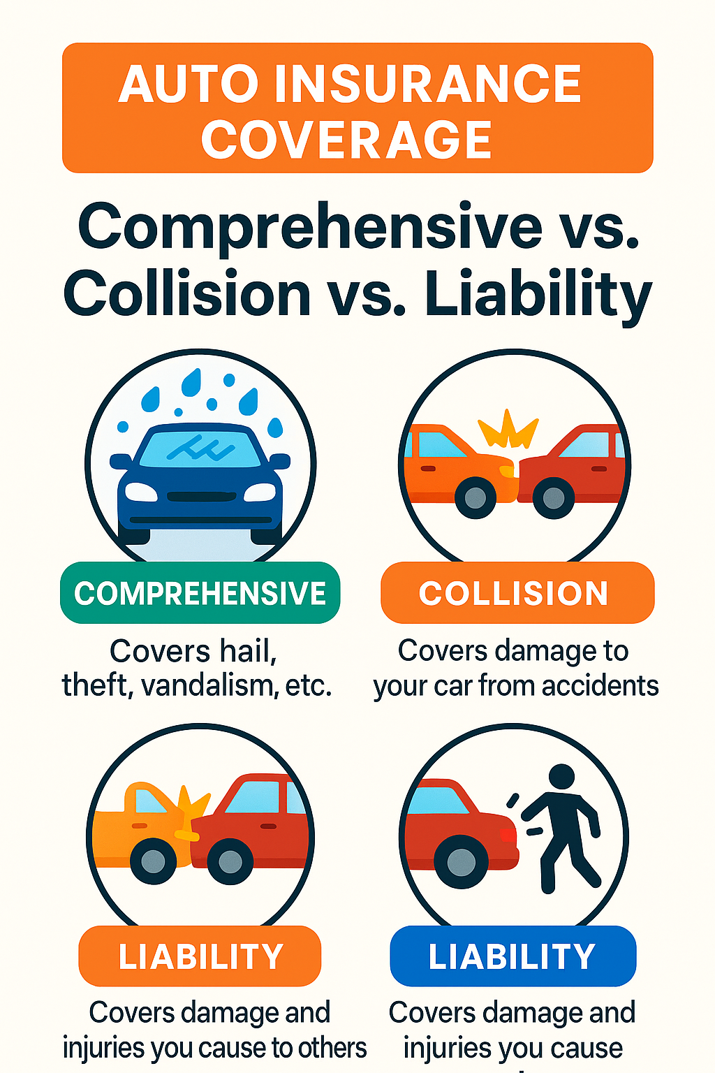 infographic explaining the difference between comprehensive, collision, and liability auto insurance coverage - does hail damage claim raise auto insurance rates infographic
