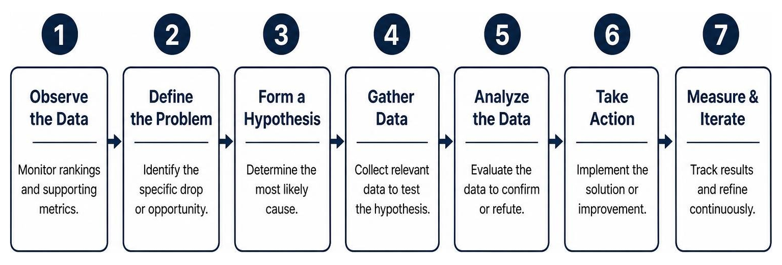 diagram of the 7-step scientific method for data-driven SEO