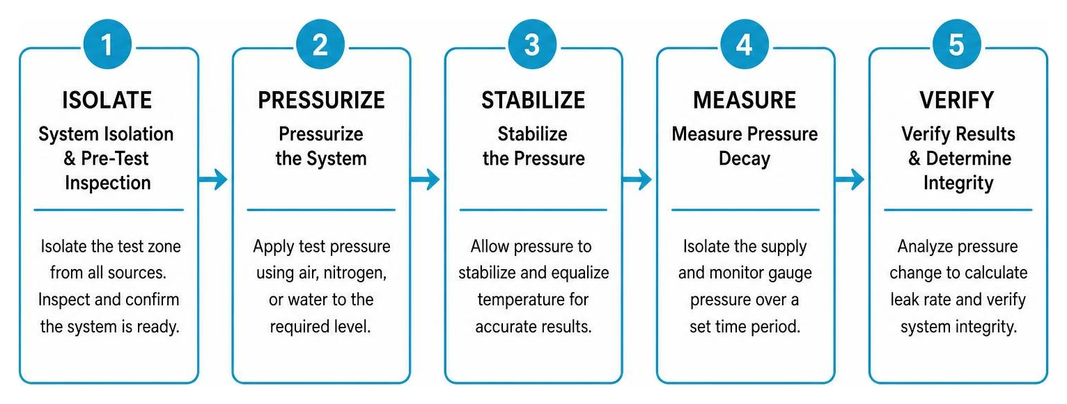 5-step pressure decay test workflow diagram