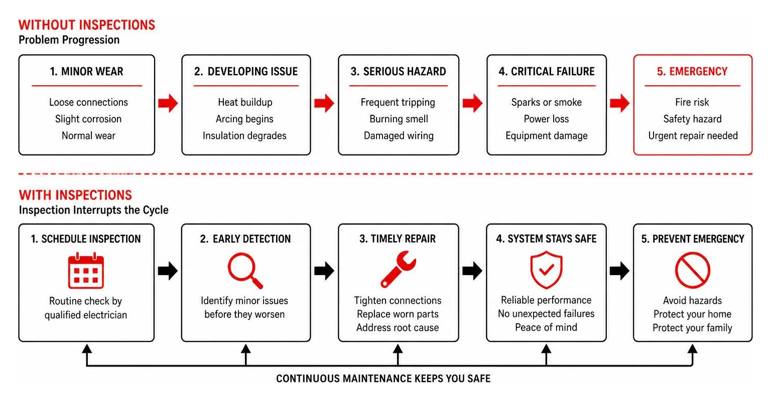 diagram showing the progression from minor wear to emergency and how inspections prevent it diagram showing the progression from minor wear to emergency and how inspections prevent it