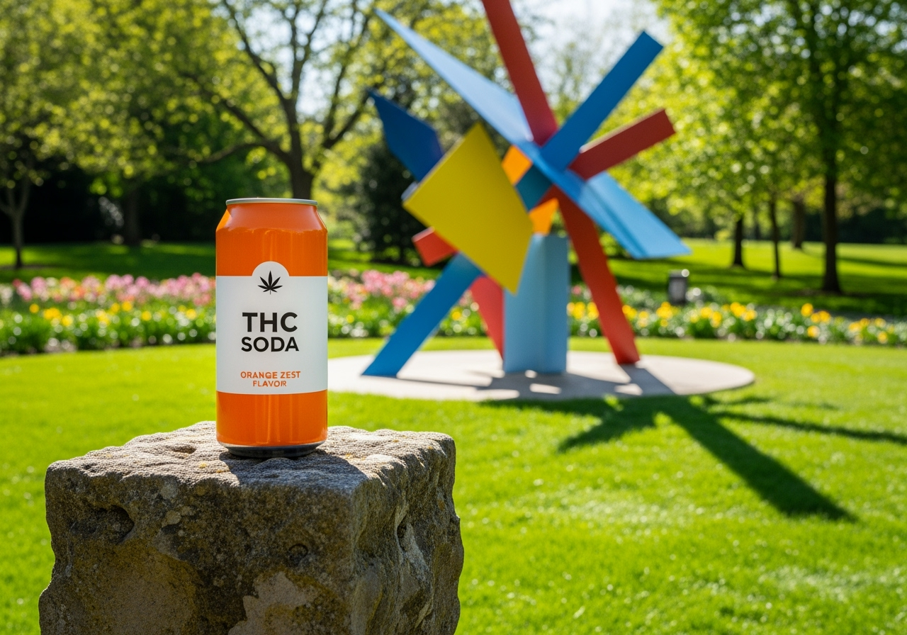 a vibrant, orange-colored THC soda next to an art piece - top rated THC a vibrant, orange-colored THC soda next to an art piece - top rated THC