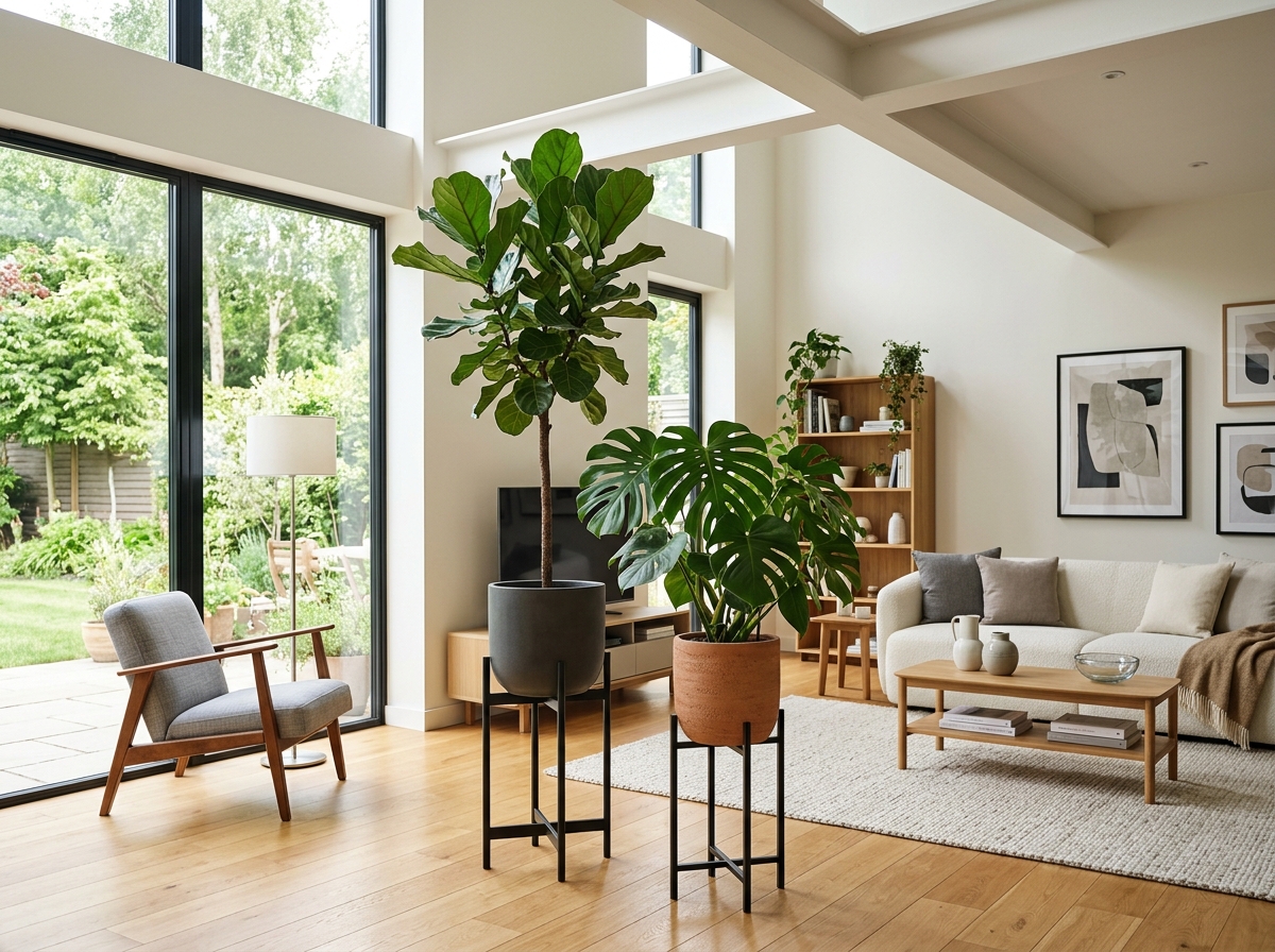 architectural plant stands elevating greenery in a modern living room - best way to display houseplants
