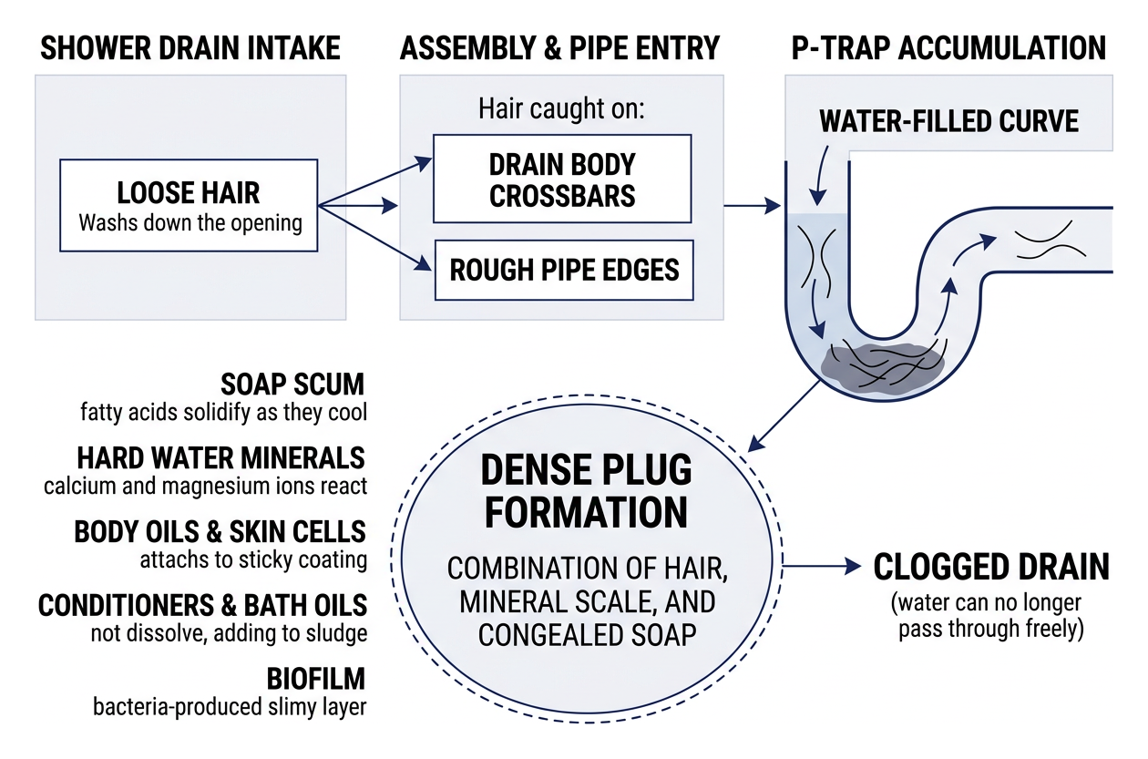 Shower drain anatomy diagram showing hair and soap scum forming a plug in the P-trap