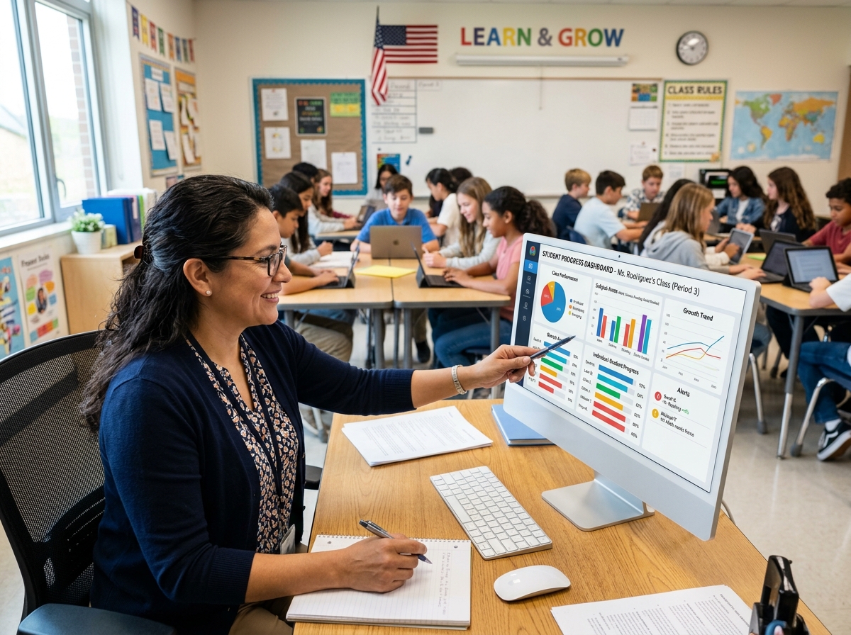 teacher using an AI dashboard to track student progress - artificial intelligence in education