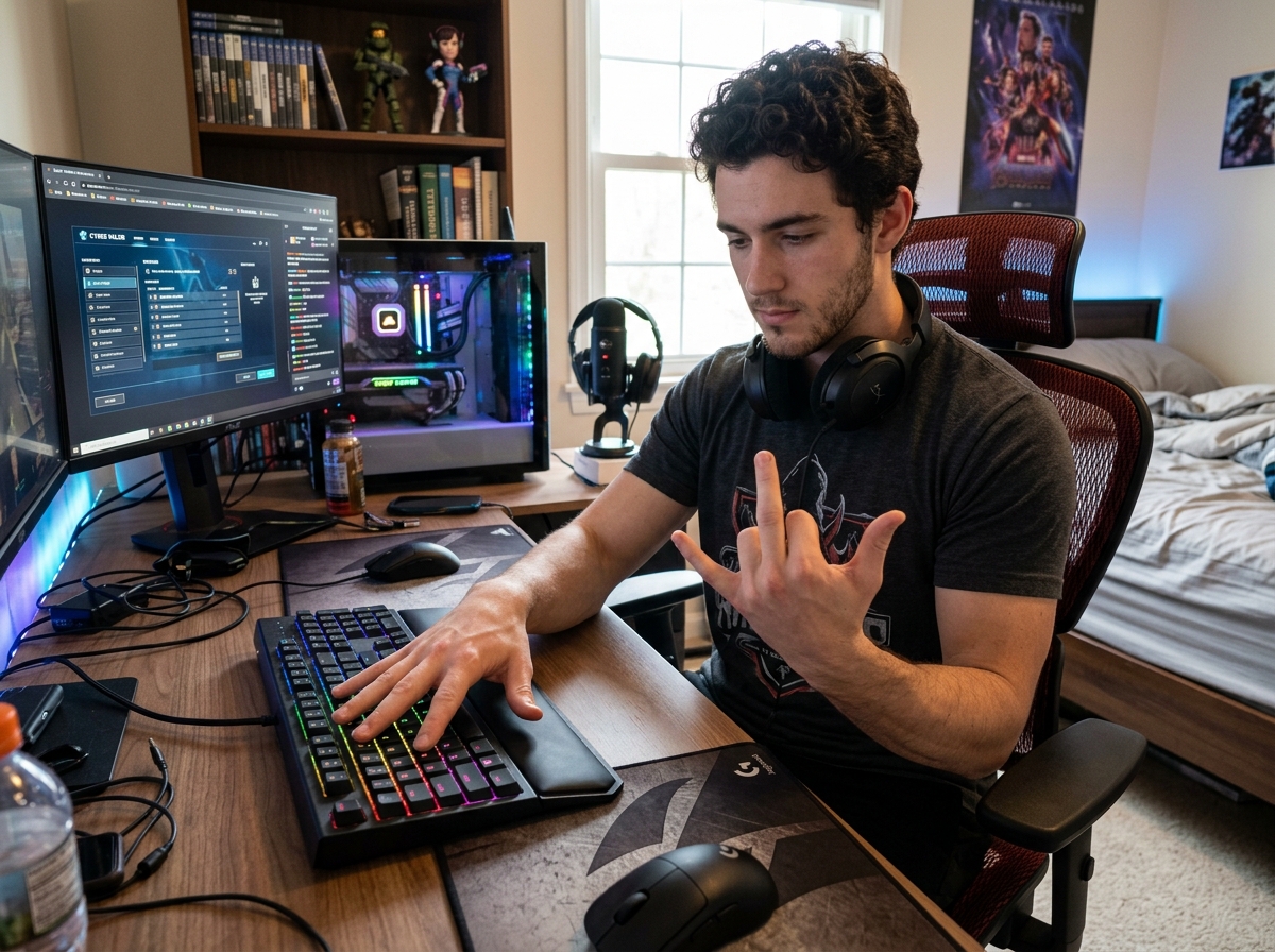 Gamer performing Hand Blossom and Finger Lift techniques as a pre-game warm-up - exercises to prevent repetitive strain