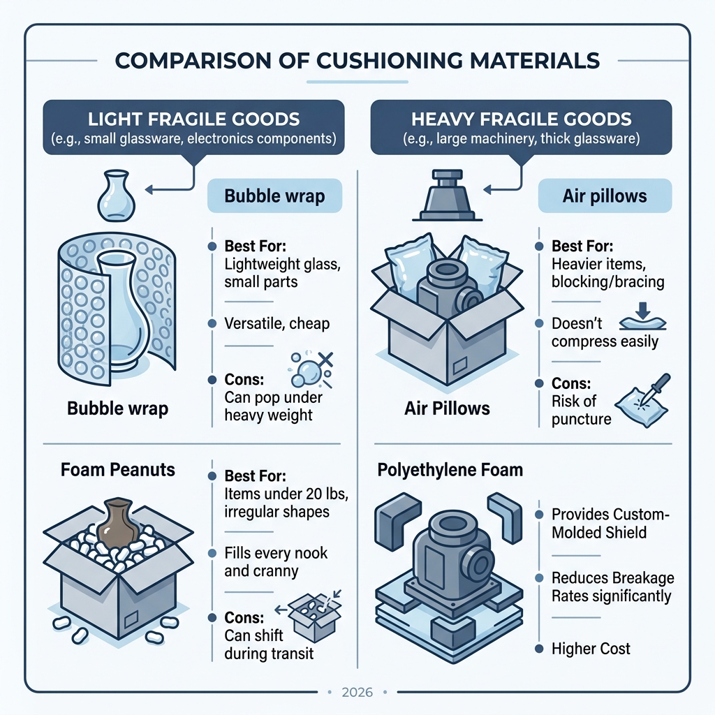 Comparison of cushioning materials for heavy vs. light fragile goods - fragile item shipping infographic Comparison of cushioning materials for heavy vs. light fragile goods - fragile item shipping infographic