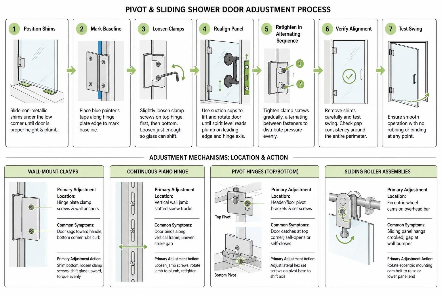 Pivot and sliding shower door adjustment mechanisms Pivot and sliding shower door adjustment mechanisms