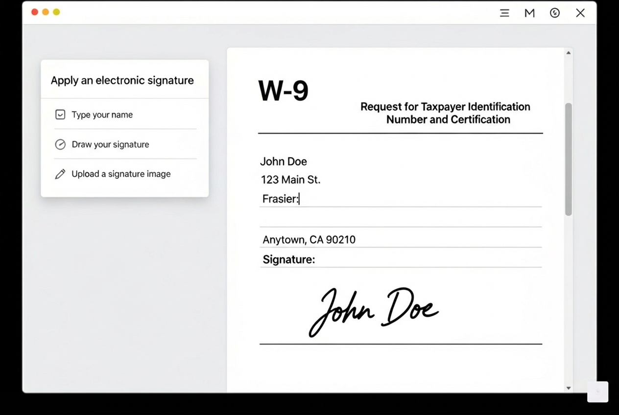 user interface showing the signature creation and application process on a W-9 form - w9 electronic signature free user interface showing the signature creation and application process on a W-9 form - w9 electronic signature free