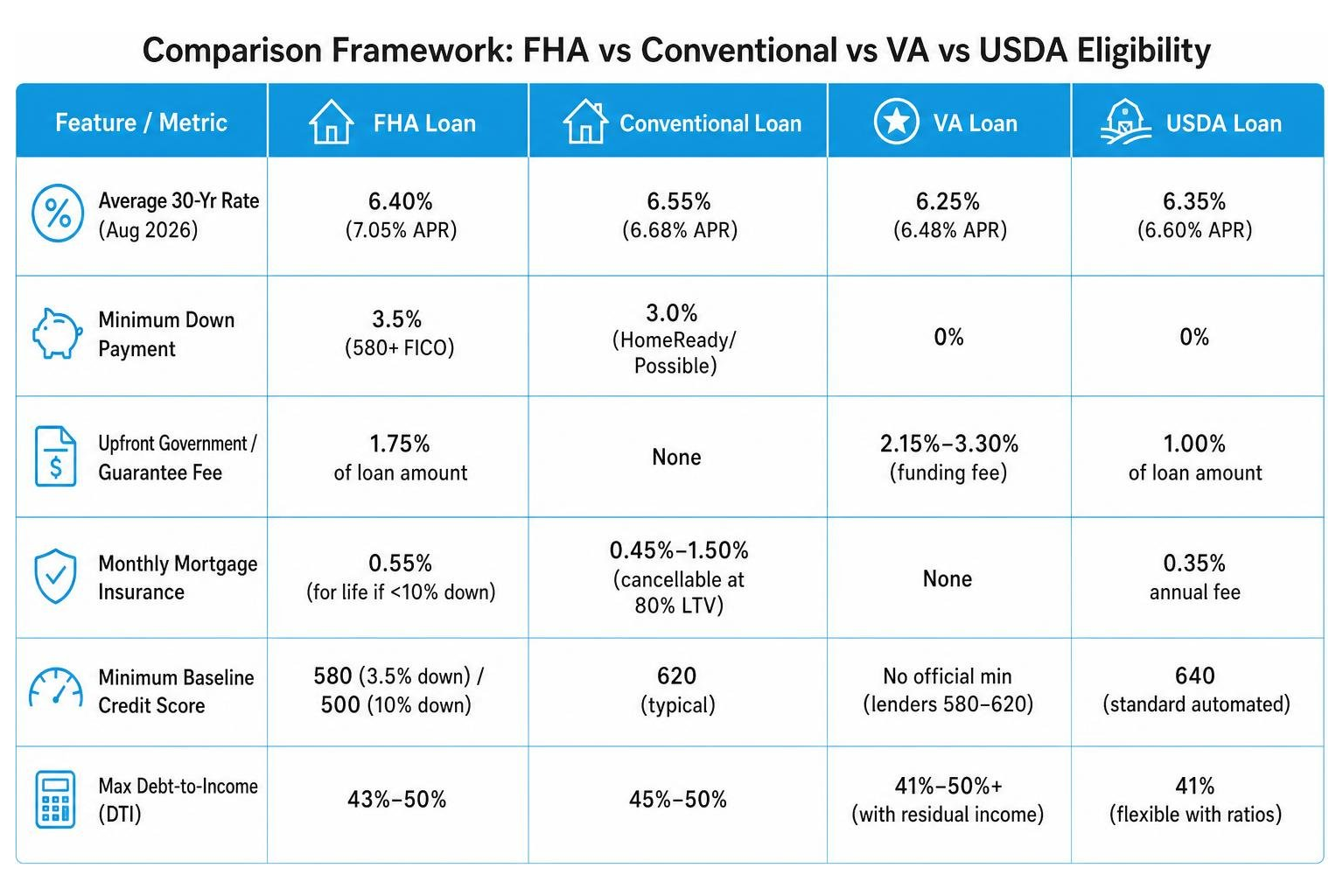 Comparison framework of FHA vs Conventional vs VA vs USDA eligibility