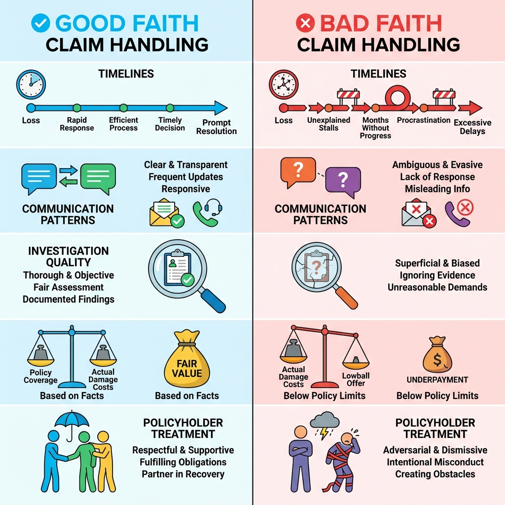 Infographic comparing good faith vs bad faith insurance claim handling processes, showing timelines, communication patterns, investigation quality, settlement offers, and policyholder treatment side by side - Bad faith property damage insurance claims infographic Infographic comparing good faith vs bad faith insurance claim handling processes, showing timelines, communication patterns, investigation quality, settlement offers, and policyholder treatment side by side - Bad faith property damage insurance claims infographic