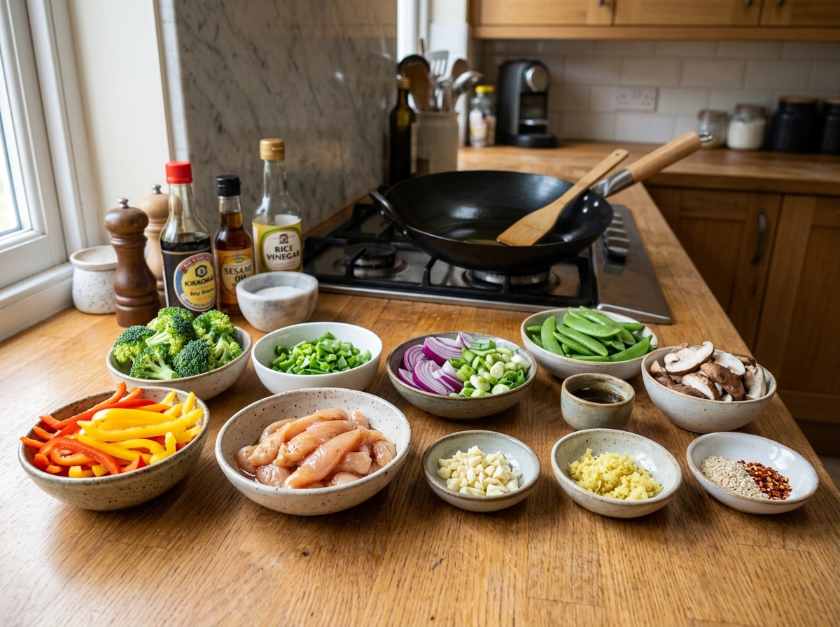prepped stir-fry ingredients in small bowls ready for cooking - busy lifestyle quick stir fries