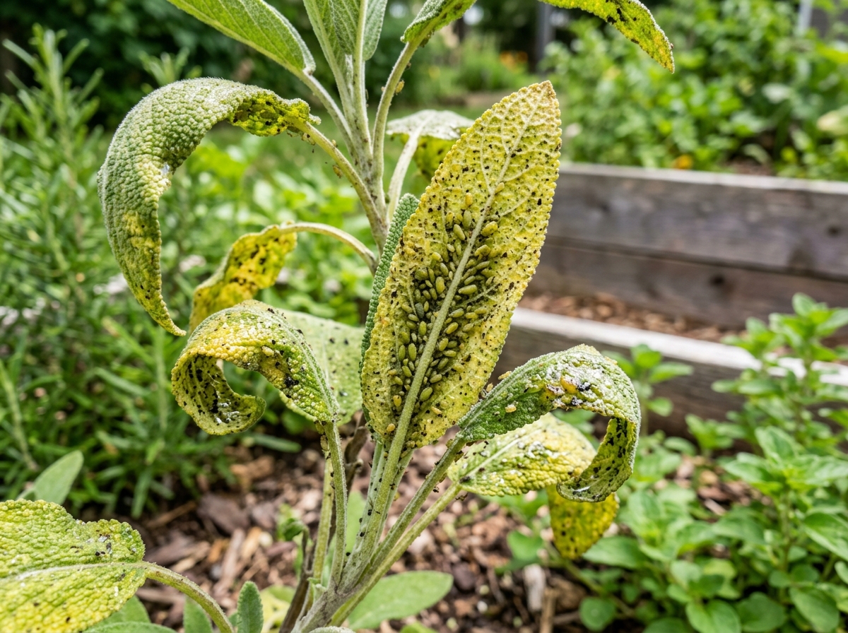 aphid damage on herb leaves - sage plant pest remedies