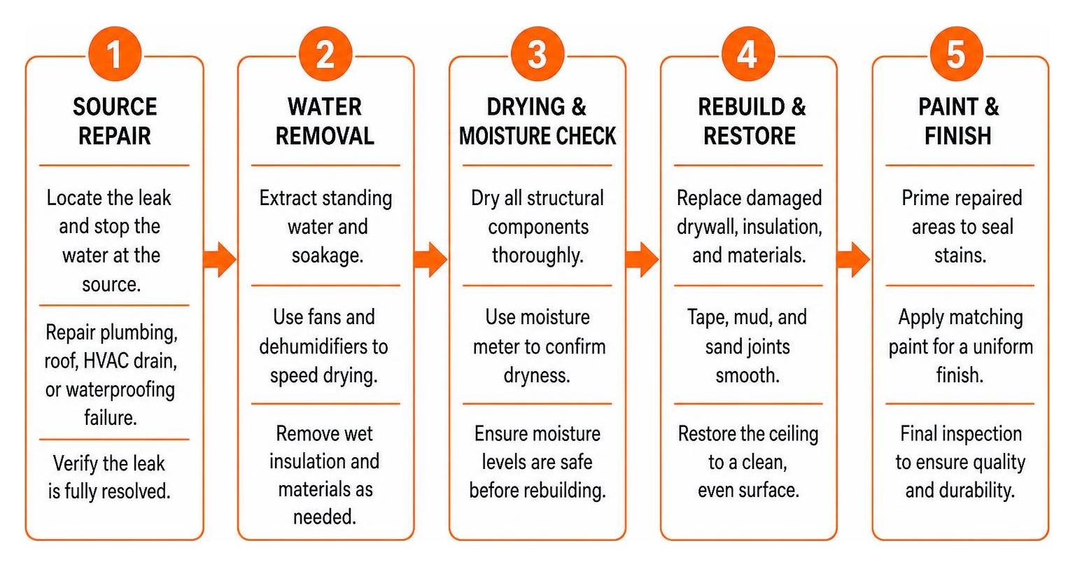 Five-stage ceiling restoration workflow from source repair to painting Five-stage ceiling restoration workflow from source repair to painting