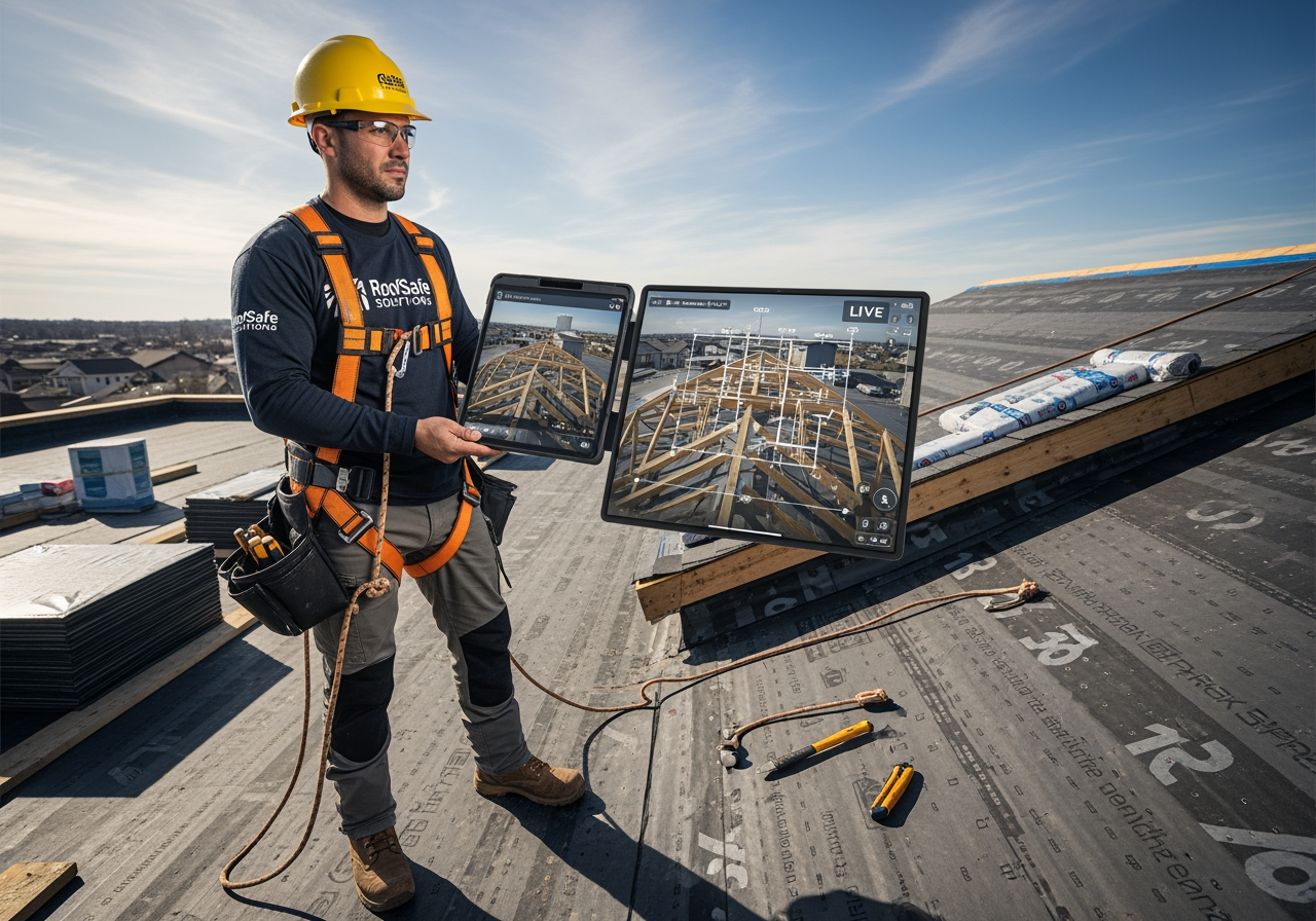 Professional roofing contractor using a tablet on a job site with a digital blueprint overlay - Small Business Online Presence