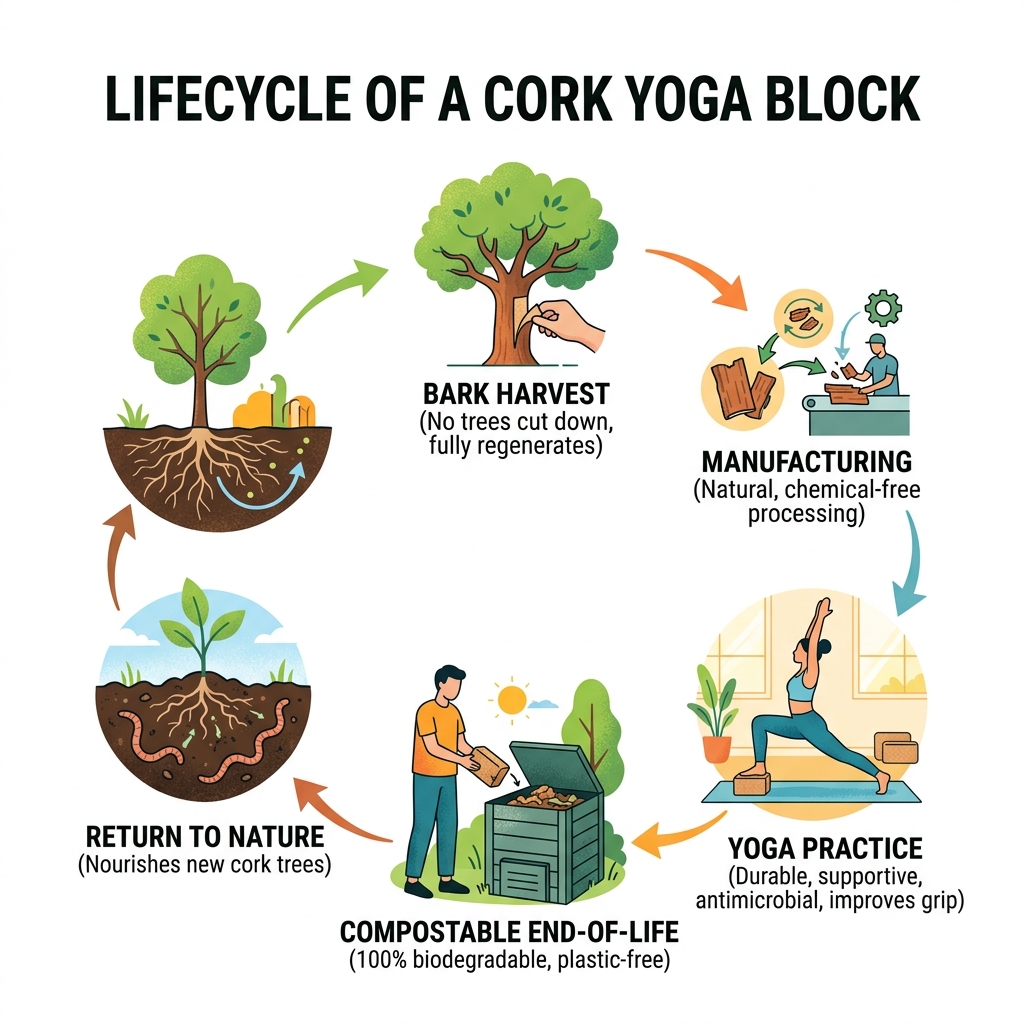 Infographic: Lifecycle of a cork yoga block from bark harvest to biodegradable end-of-life - sustainable cork yoga blocks