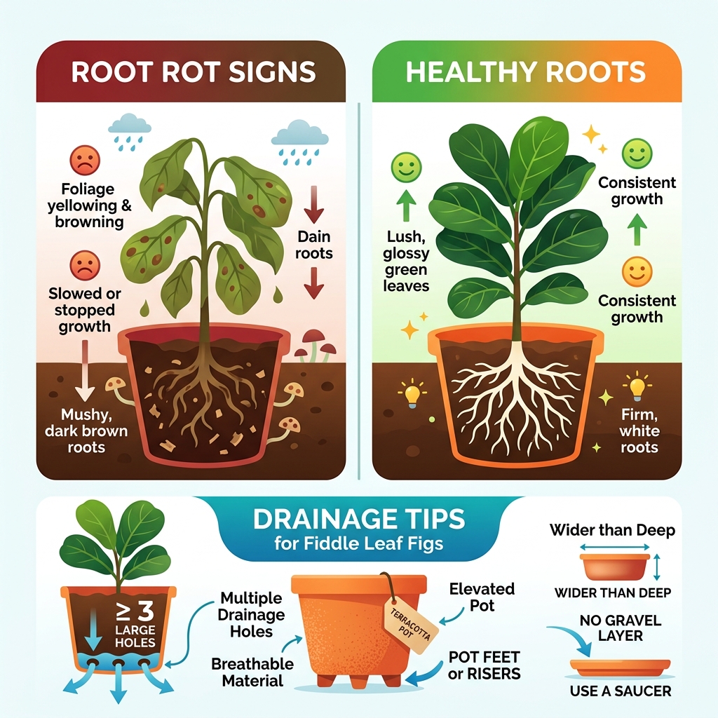 Infographic showing signs of root rot vs healthy roots in fiddle leaf fig with drainage tips - best drainage pot for fiddle
