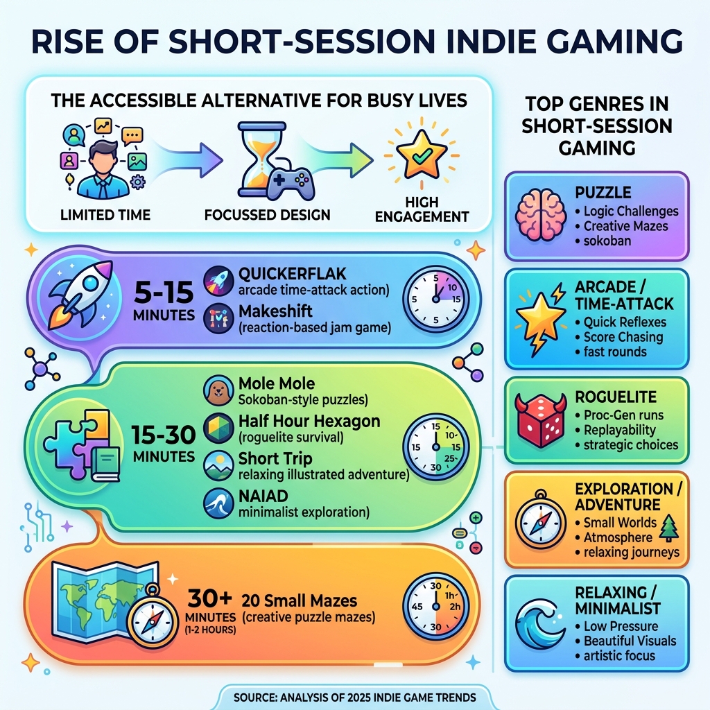 infographic showing rise of short-session indie gaming in 2026 with session lengths and top genres - quick play indie games infographic showing rise of short-session indie gaming in 2026 with session lengths and top genres - quick play indie games