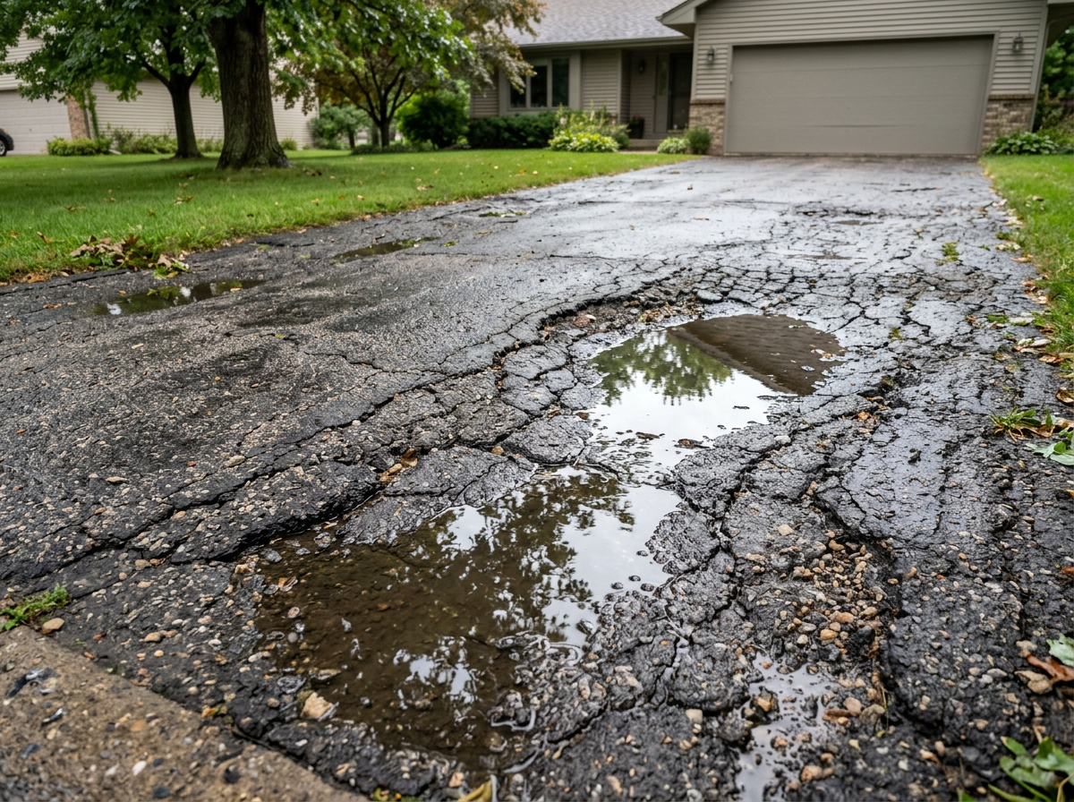 water pooling on a cracked driveway surface