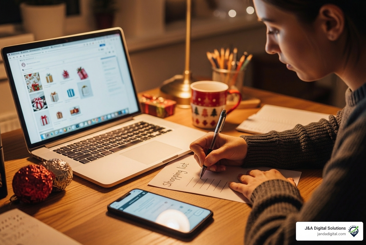 Person making a shopping list with a laptop and phone nearby, planning their holiday shopping strategy. - is cyber monday better than black friday