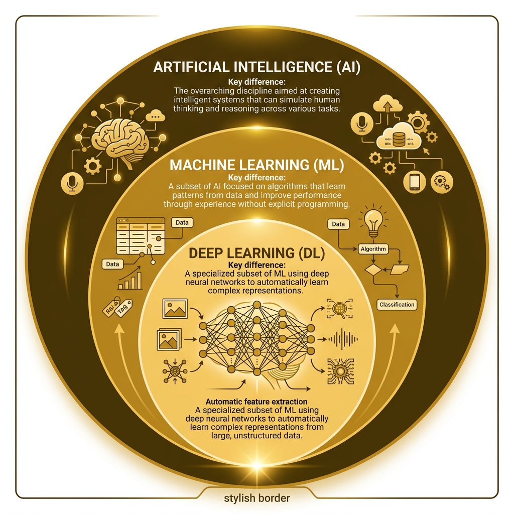 Nested hierarchy diagram showing AI containing ML containing Deep Learning with key differences - ai deep learning Nested hierarchy diagram showing AI containing ML containing Deep Learning with key differences - ai deep learning