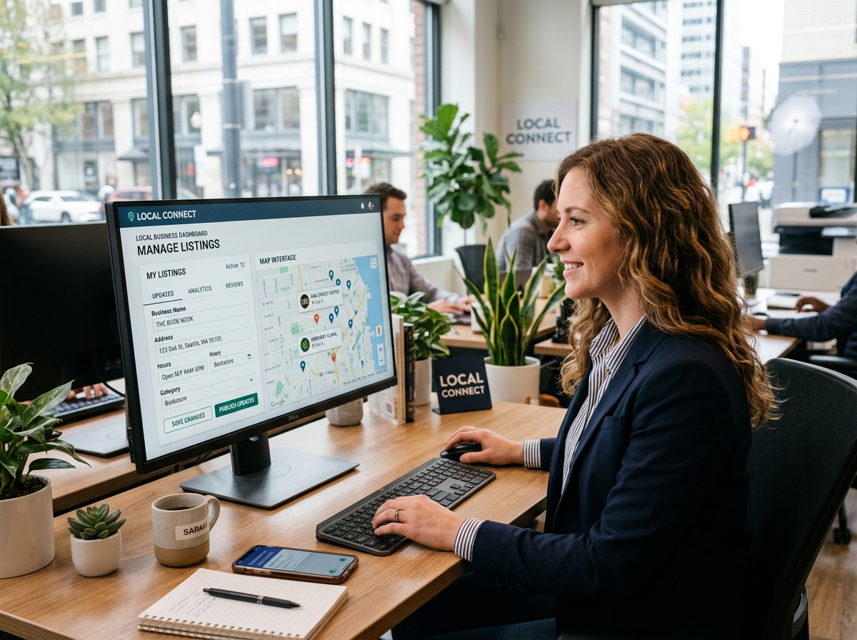 A business owner managing a digital dashboard to update local listings - online business listing management
