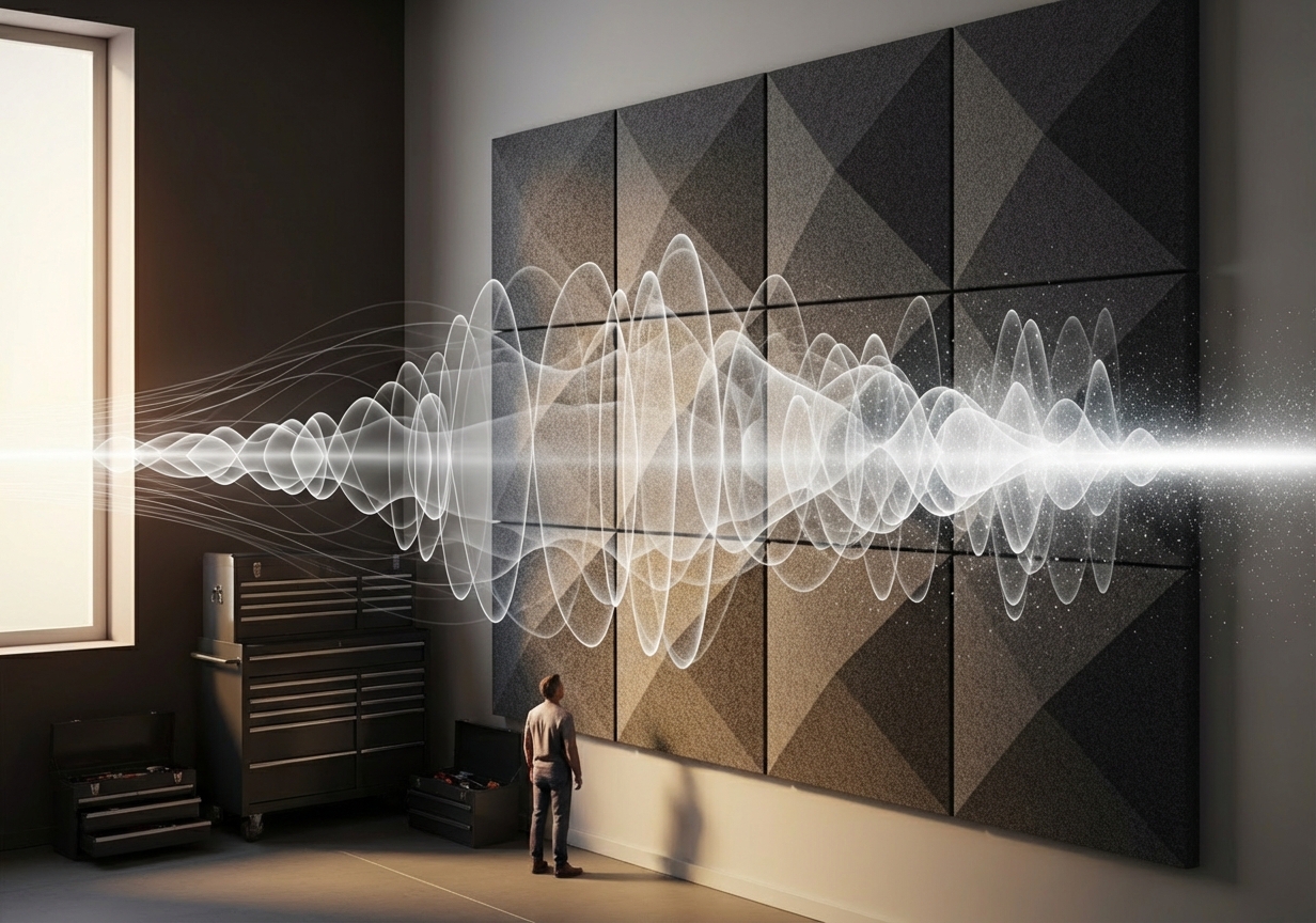 Sound waves hitting an acoustic panel and being absorbed - acoustic isolation panels