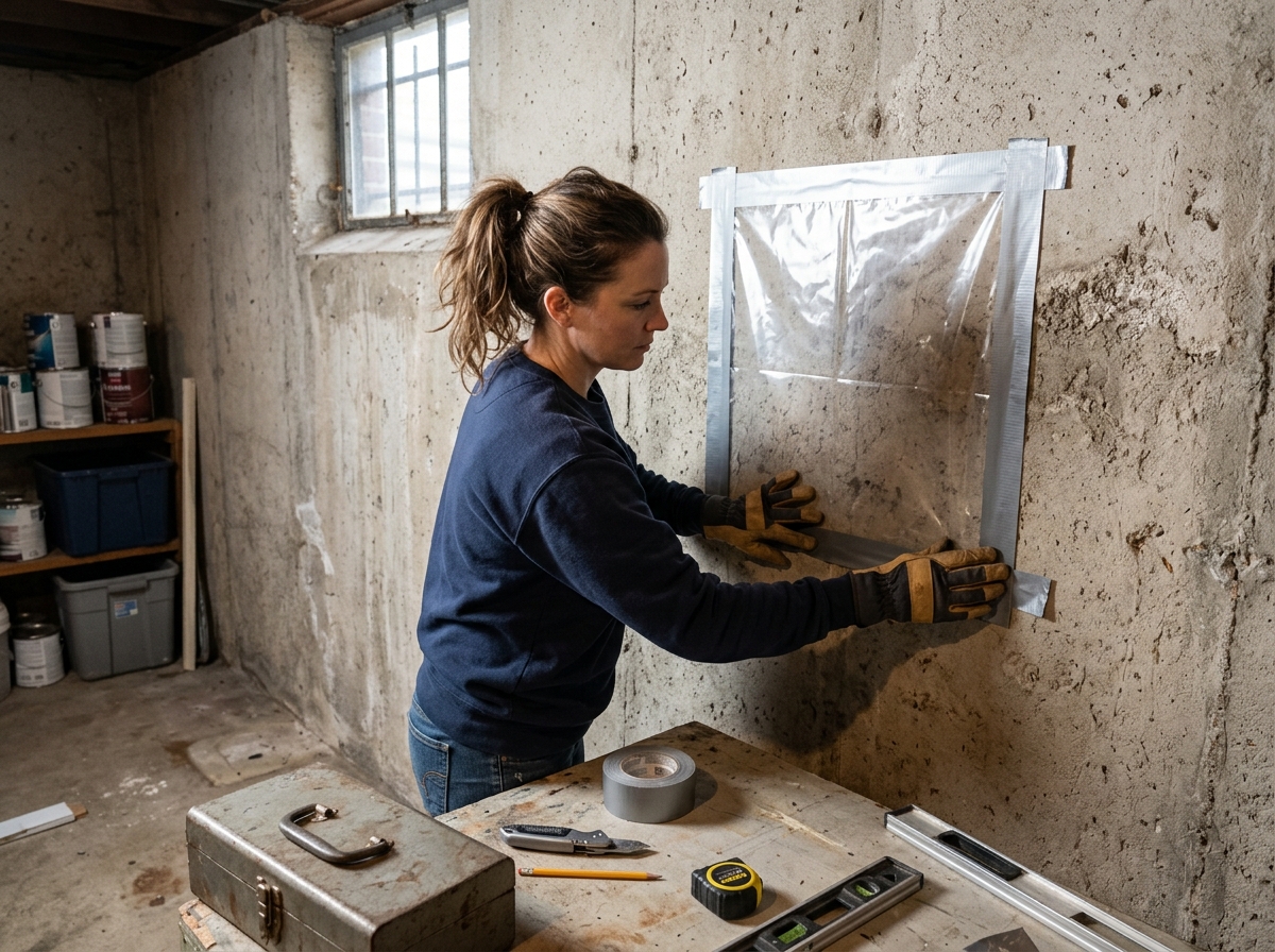 A DIYer taping a plastic sheet to a concrete basement wall for a moisture test - diy basement wall insulation