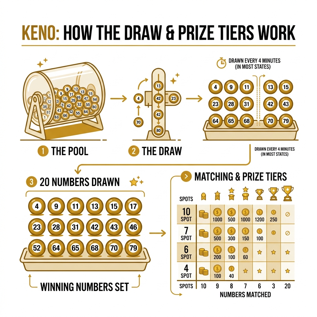 Infographic showing how 20 numbers are drawn from 1-80 in a Keno game with prize tiers - keno winning numbers infographic 