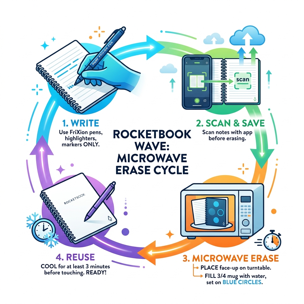 Rocketbook Wave microwave erase cycle infographic showing steps from writing to scanning to microwaving to reuse