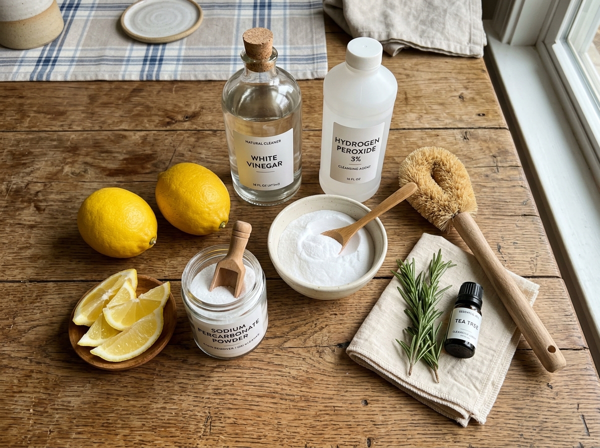 various natural cleaning ingredients like lemon and baking soda - natural wine stain remover