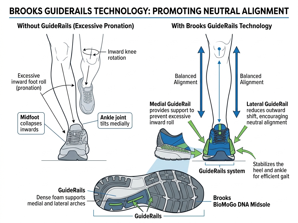 Brooks GuideRails technology diagram showing how it supports the knee and ankle - best brooks shoe for standing all day Brooks GuideRails technology diagram showing how it supports the knee and ankle - best brooks shoe for standing all day