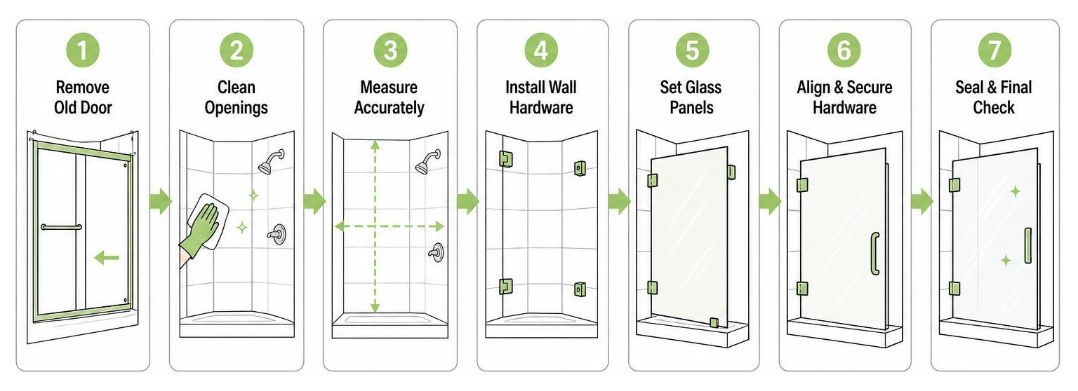Shower door replacement installation step sequence Shower door replacement installation step sequence
