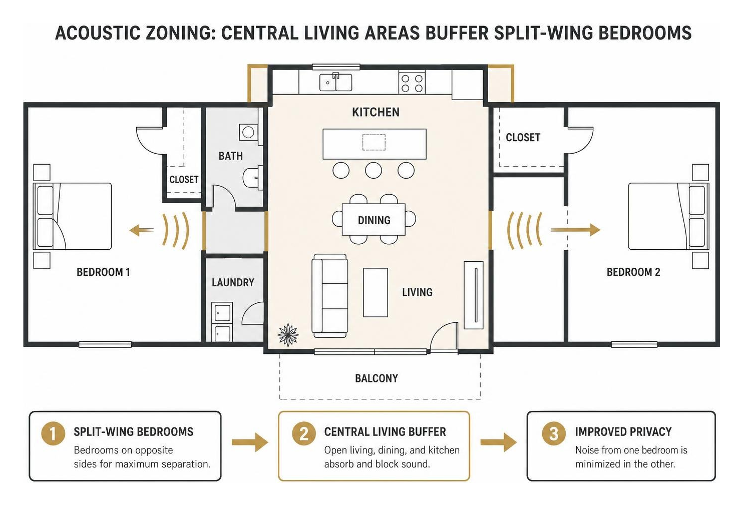 Acoustic zoning diagram showing how central living areas buffer split-wing bedrooms
