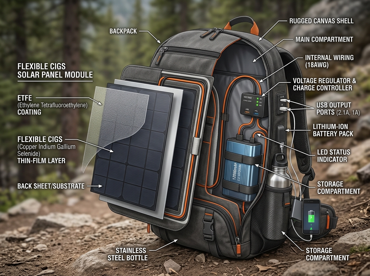 solar panel layers and internal wiring - solar backpack with battery