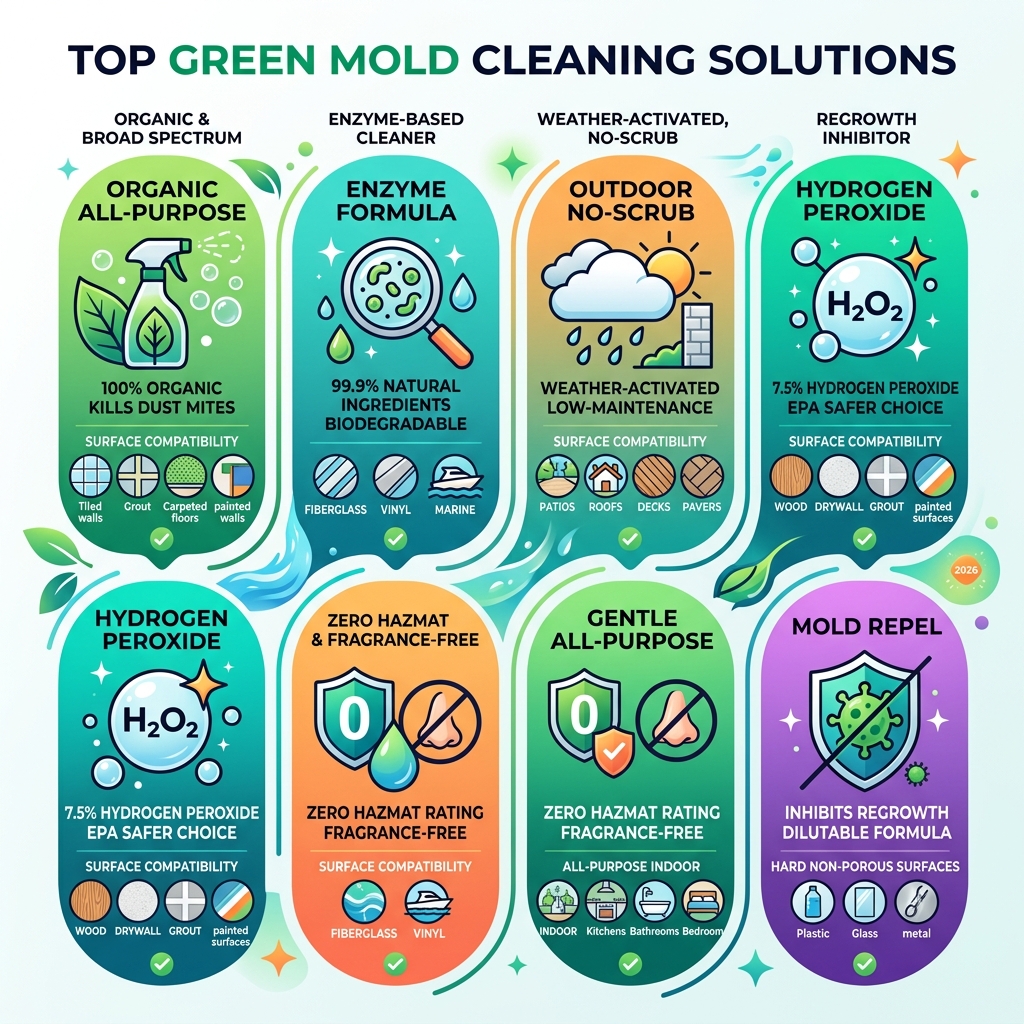 Infographic showing top green mold cleaning solutions, key ingredients, and surface compatibility - green mold cleaning Infographic showing top green mold cleaning solutions, key ingredients, and surface compatibility - green mold cleaning
