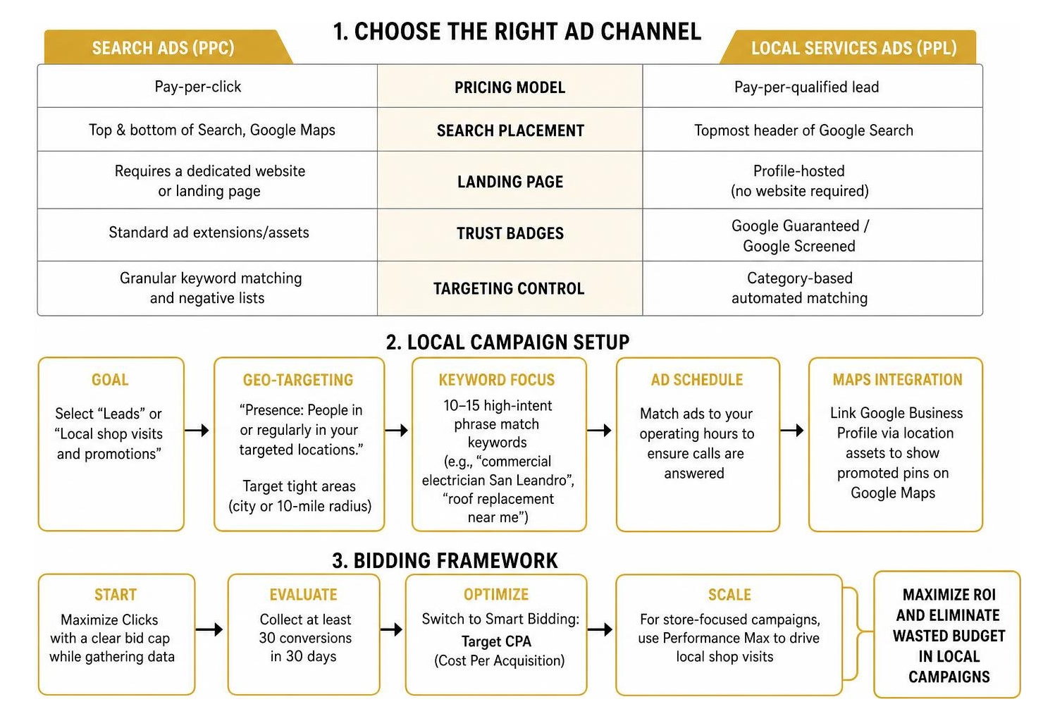 Local Google Ads campaign structure and bidding framework