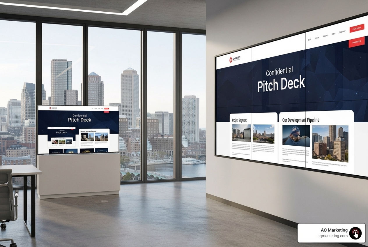 professional pitch deck on a screen with a matching website design in the background, set in a modern office with a view of Boston - startup website design company professional pitch deck on a screen with a matching website design in the background, set in a modern office with a view of Boston - startup website design company