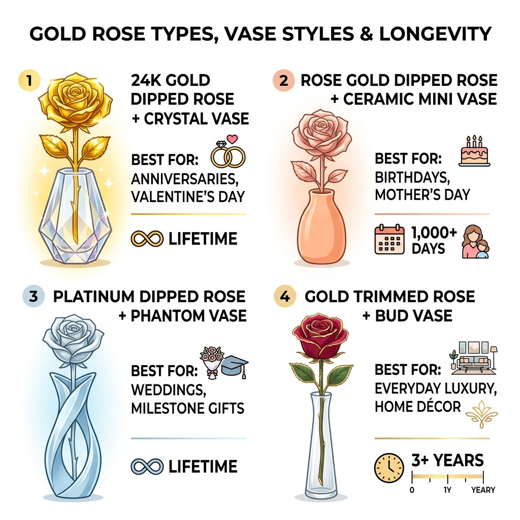 infographic showing gold rose types, vase styles, and longevity comparison for gifting occasions - gold rose in vase