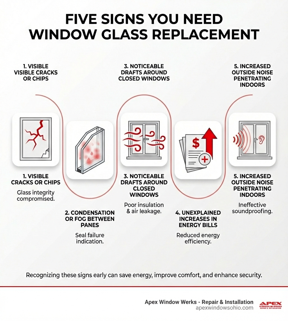 infographic showing five signs you need window glass replacement: visible cracks or chips in the glass, condensation or fog between window panes, noticeable drafts around closed windows, unexplained increases in energy bills, and increased outside noise penetrating indoors - glass window pane replacement near me infographic 