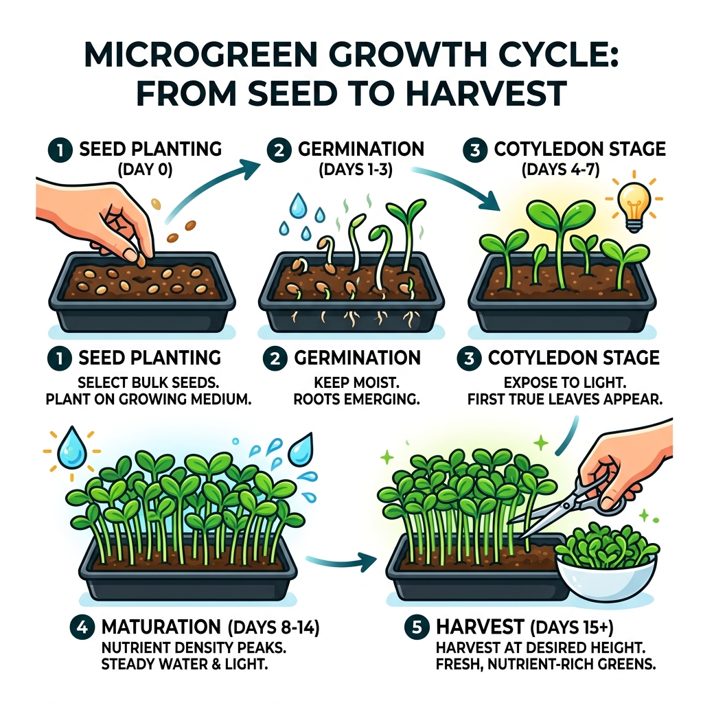 Microgreen growth cycle from seed to cotyledon to harvest stage infographic - microgreen bulk seeds infographic 