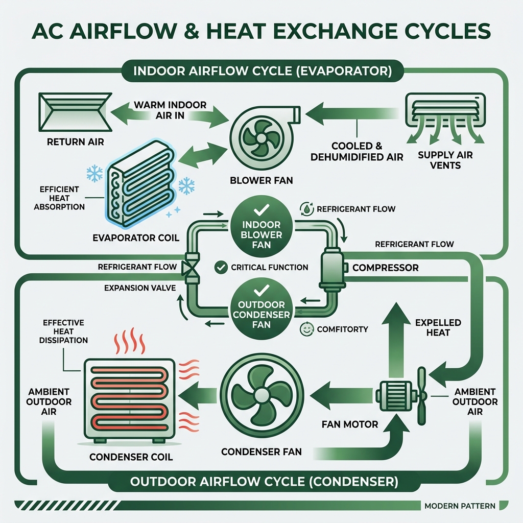 AC airflow and heat exchange cycles - ac unit fan motor not spinning infographic