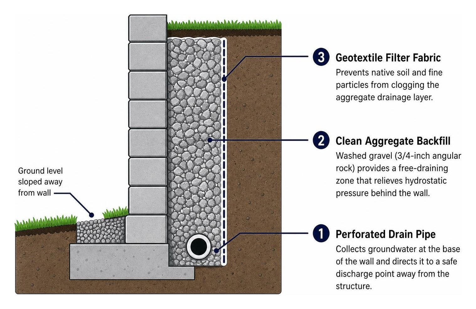 Cross-section diagram of proper back-of-wall drainage layer