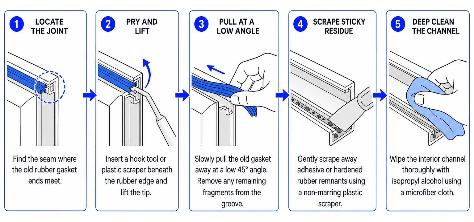 Diagram showing process of removing old rubber seal and deep cleaning the aluminium channel Diagram showing process of removing old rubber seal and deep cleaning the aluminium channel