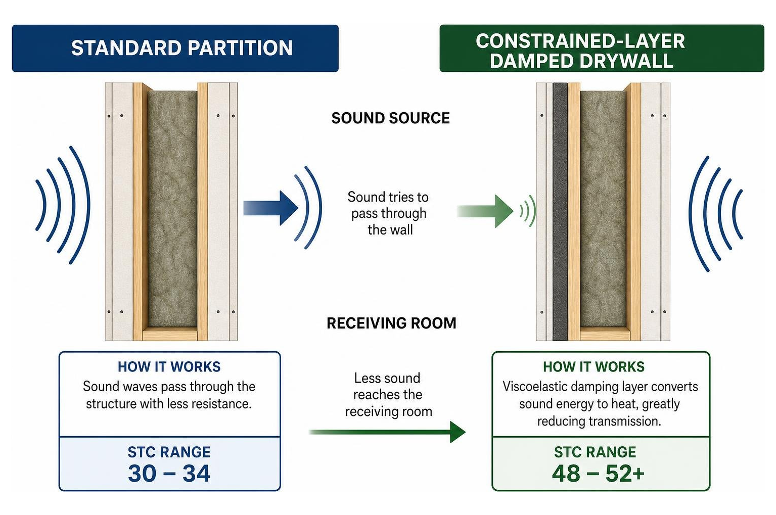 Sound transmission through standard partition versus constrained-layer damped drywall Sound transmission through standard partition versus constrained-layer damped drywall
