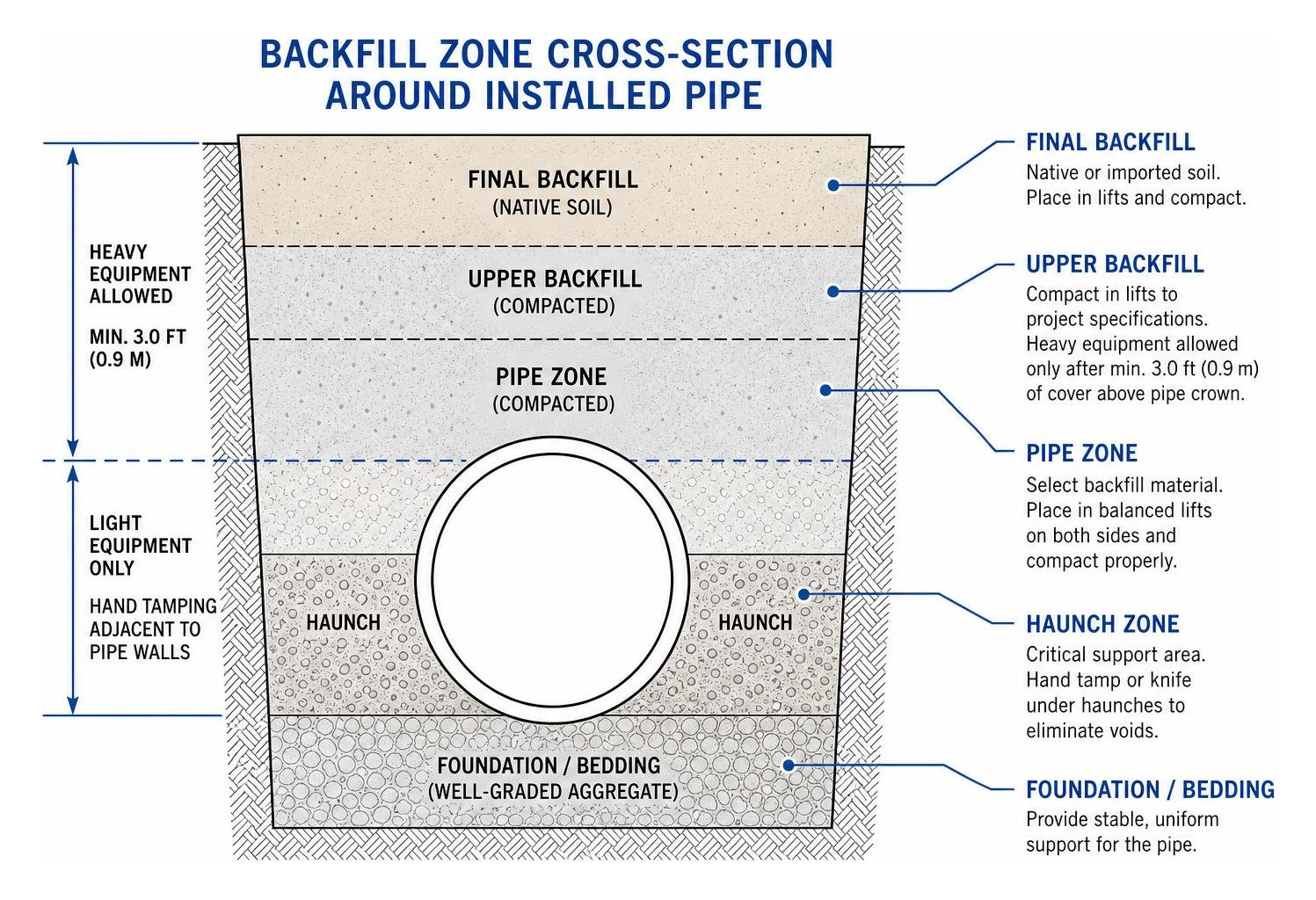 Backfill zone cross-section around installed pipe Backfill zone cross-section around installed pipe