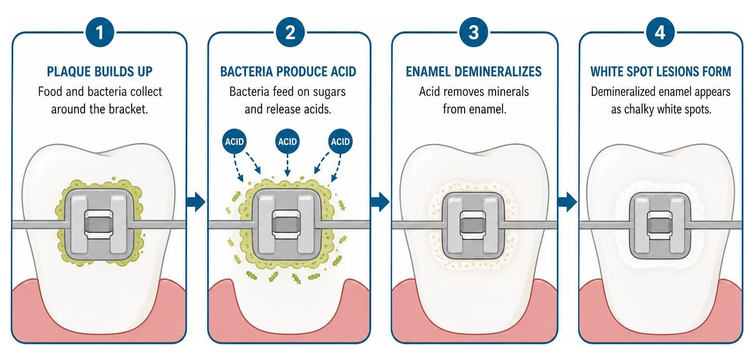 diagram of plaque and acid causing white spot lesions around a bracket
