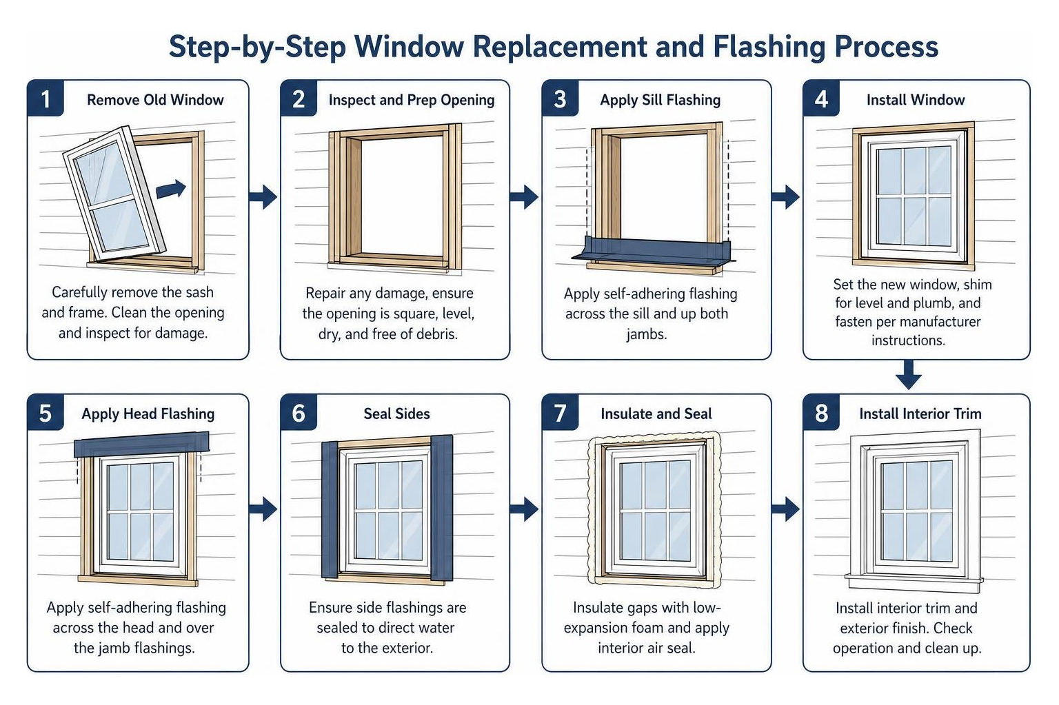 Step-by-step window replacement and flashing process Step-by-step window replacement and flashing process